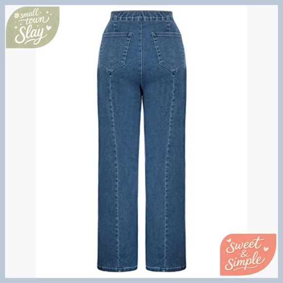 High Waisted Wide Leg Jeans Stretchy Demin Pants Button Decorated Pockets - Picture 4 of 7